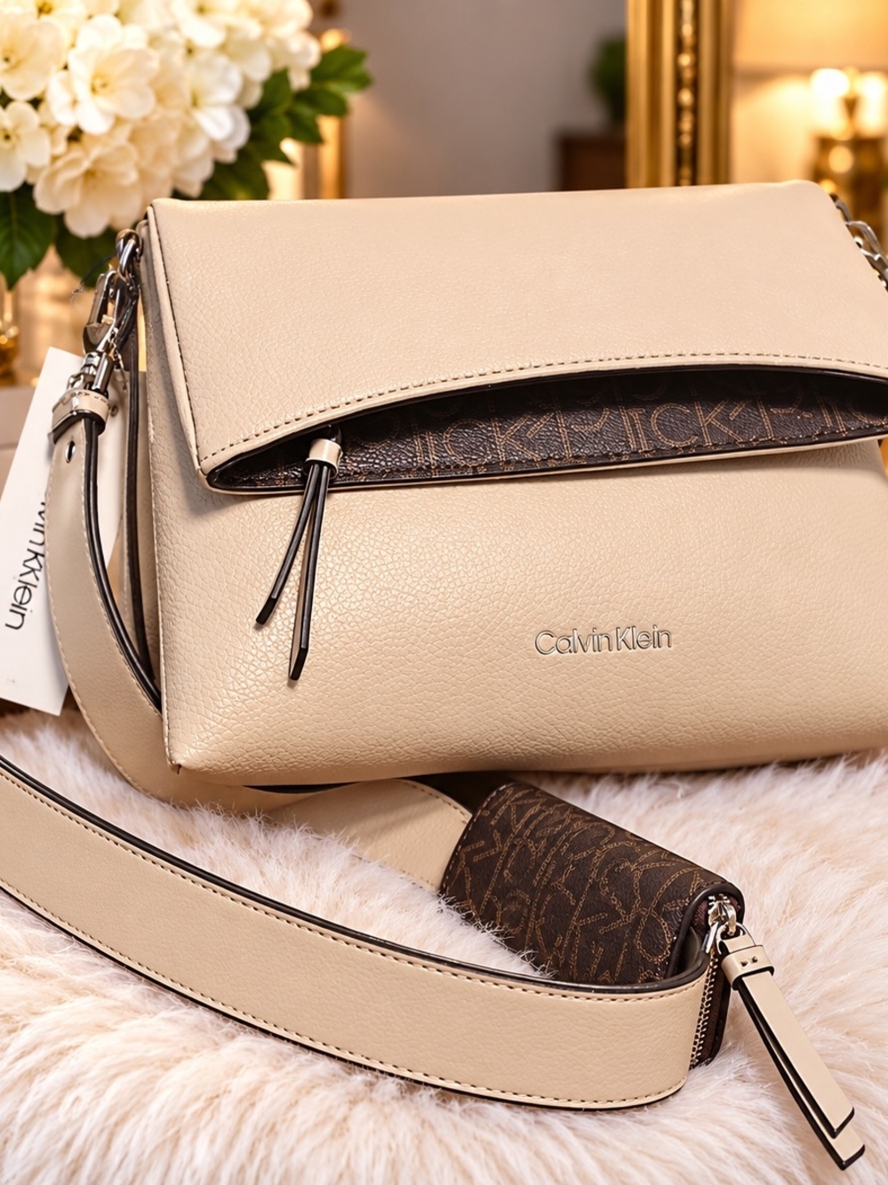 Calvin Klein Beige Leather Crossbody with Brown Monogram Accent